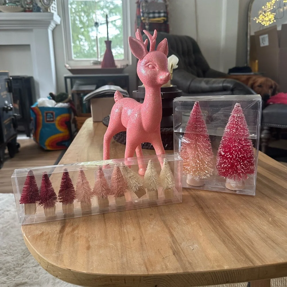 Pink Reindeer and Miniature Christmas Trees Set Target  new, never used